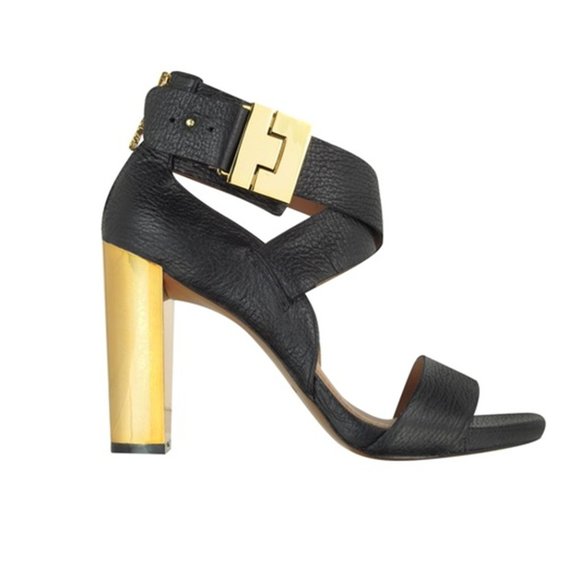 Rachel Zoe Shoes - RACHEL ZOE Brooklyn tumbled leather sandals black GOLD tone Heel SZ 8M